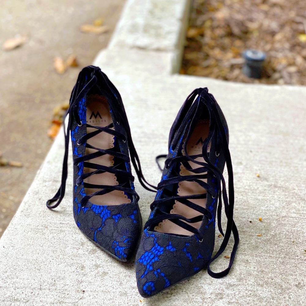 Blue & Black Lace-Up Ballerina High Heels